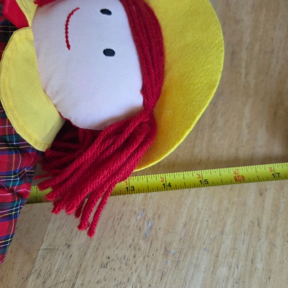 Vintage Eden Toys Madeline Rag Doll Red Yarn Hair Plaid Dress Yellow Hat 15 inch